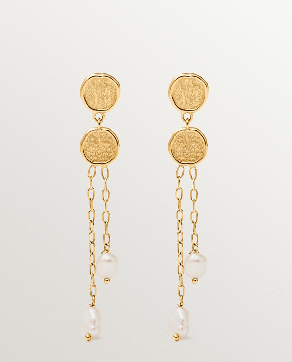 Brincos Compridos de Prata 925 Banhada a Ouro de 18k com Pérolas Suspensas Branco-1