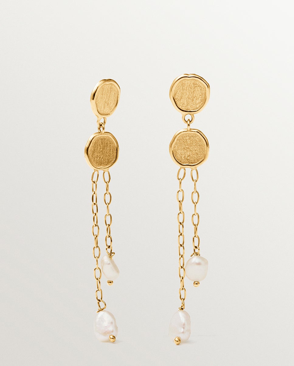 Brincos Compridos de Prata 925 Banhada a Ouro de 18k com Pérolas Suspensas Branco-3