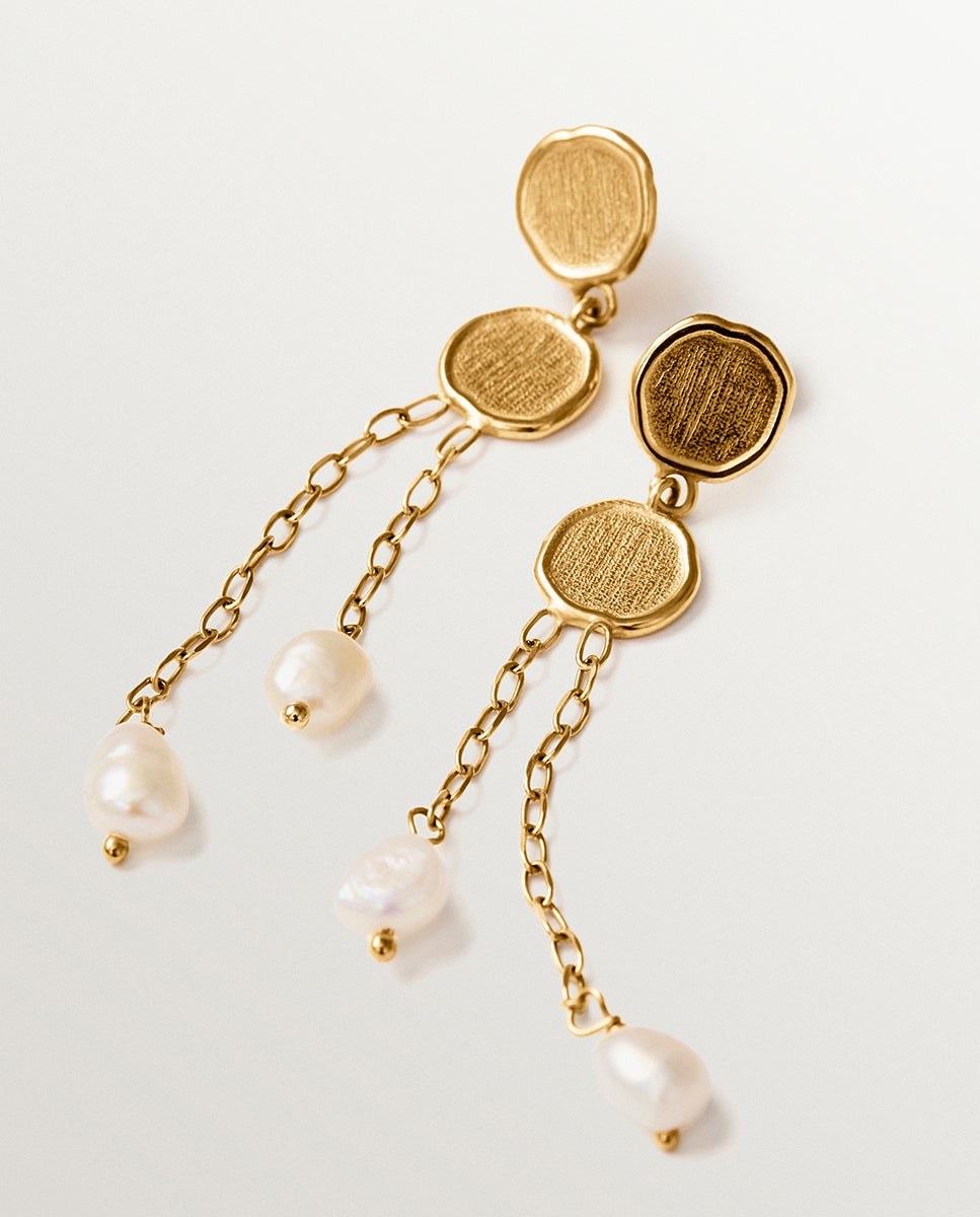 Brincos Compridos de Prata 925 Banhada a Ouro de 18k com Pérolas Suspensas Branco-5