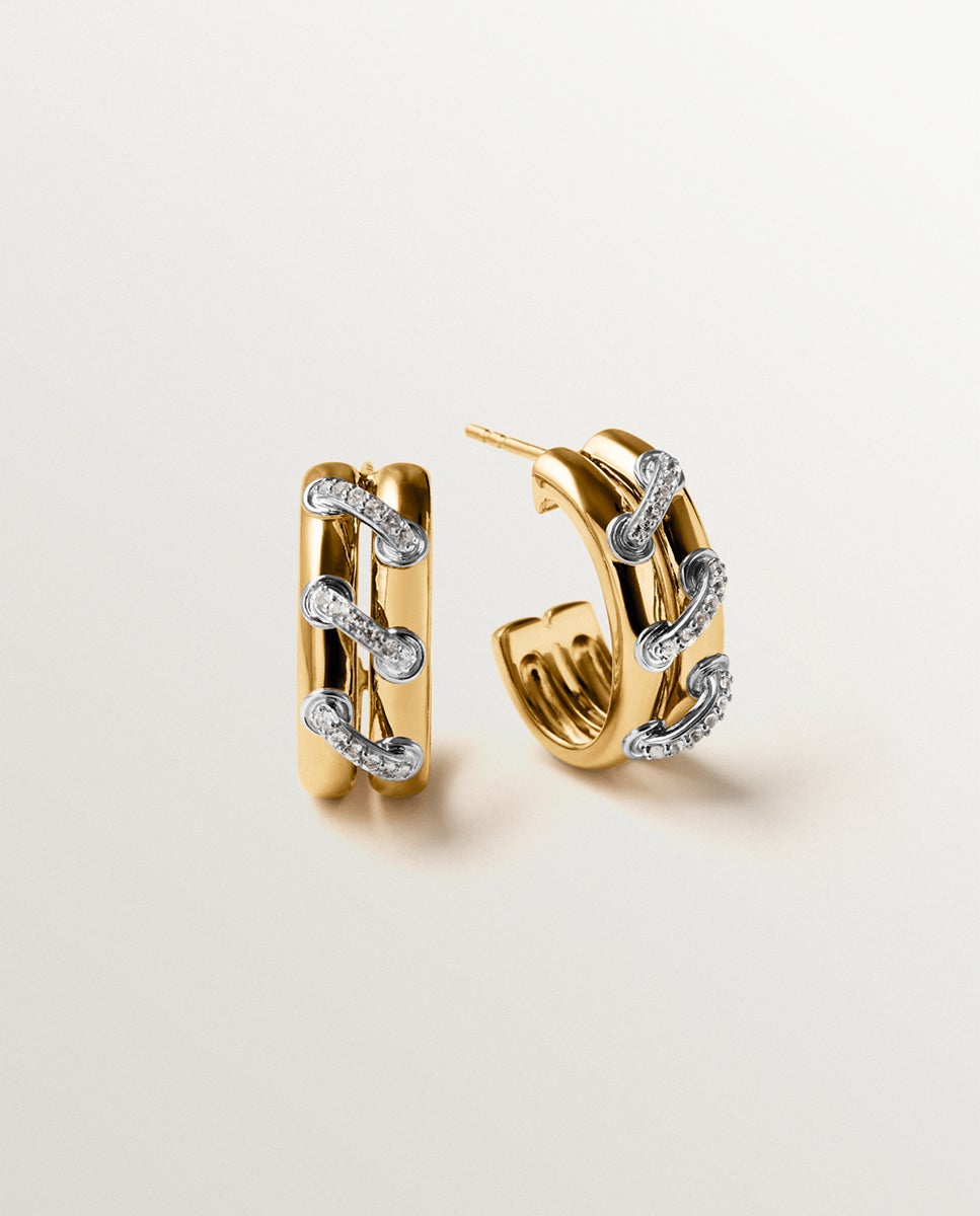 Brincos de Aro em Prata 925 Banhada em Ródio e Ouro Amarelo de 18k com Pavé de Topázios Brancos Branco-1