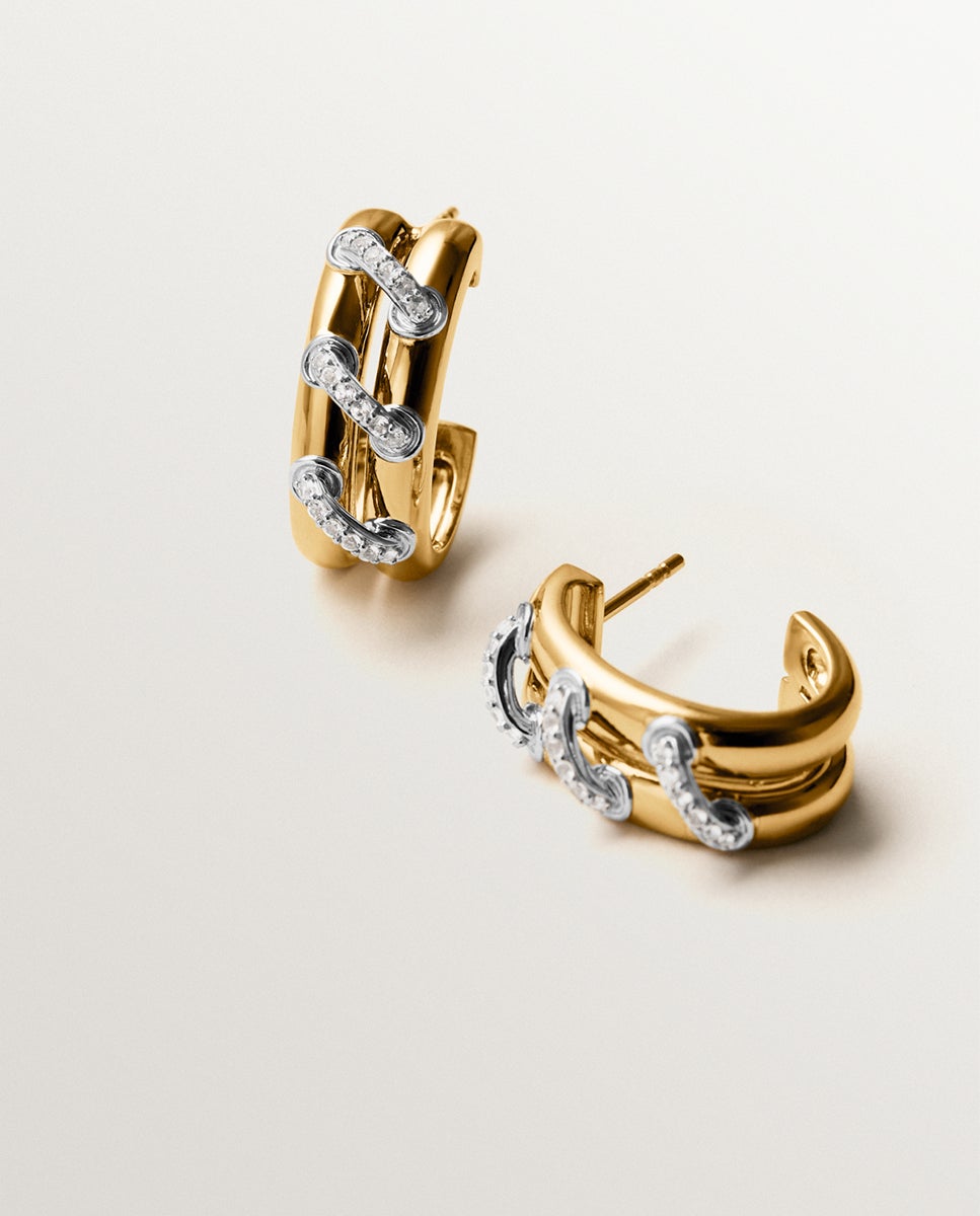 Brincos de Aro em Prata 925 Banhada em Ródio e Ouro Amarelo de 18k com Pavé de Topázios Brancos Branco-5