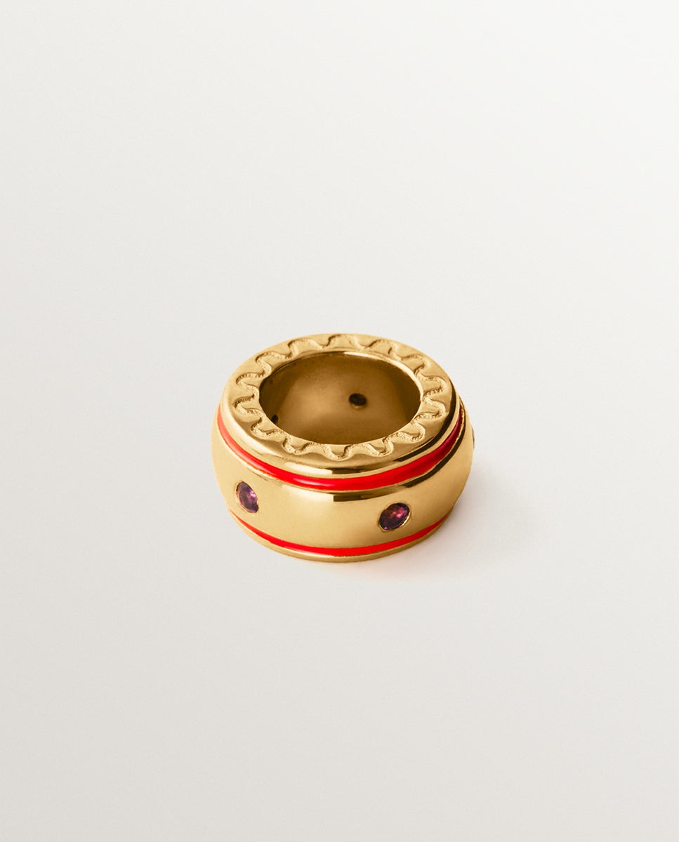 Charm de Prata 925 Banhada em Ouro Amarelo de 18k com Ametistas Roxas e Esmalte Vermelho com Forma Circular Vermelho-2