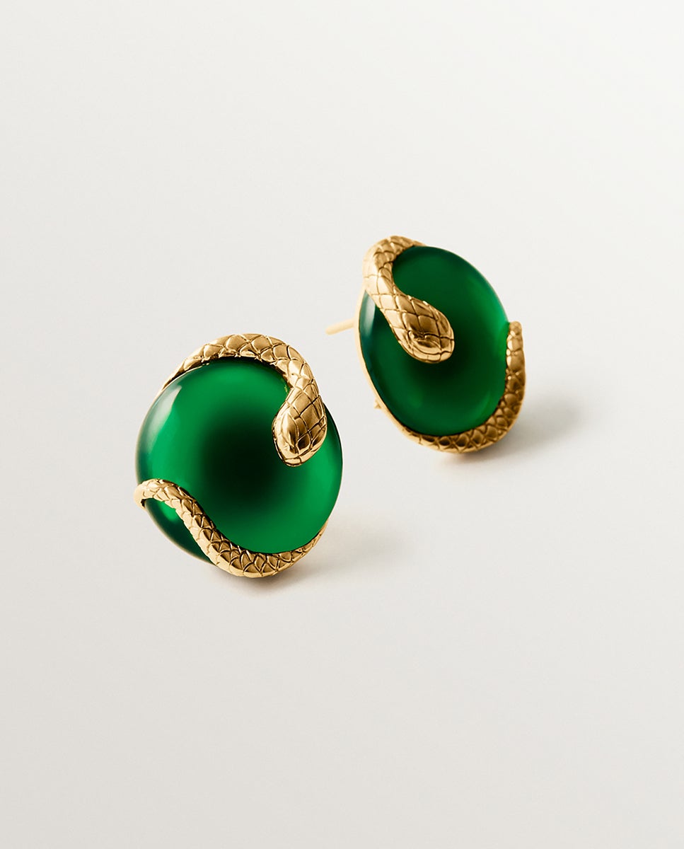 Brincos de Botão de Prata 925 Banhada a Ouro Amarelo de 18k com Ônix Verde Verde-1