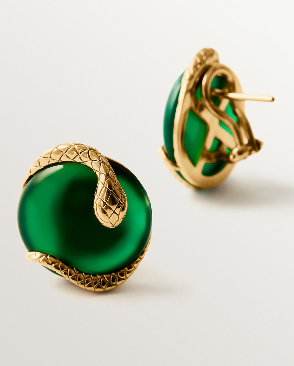 Brincos de Botão de Prata 925 Banhada a Ouro Amarelo de 18k com Ônix Verde Verde-2