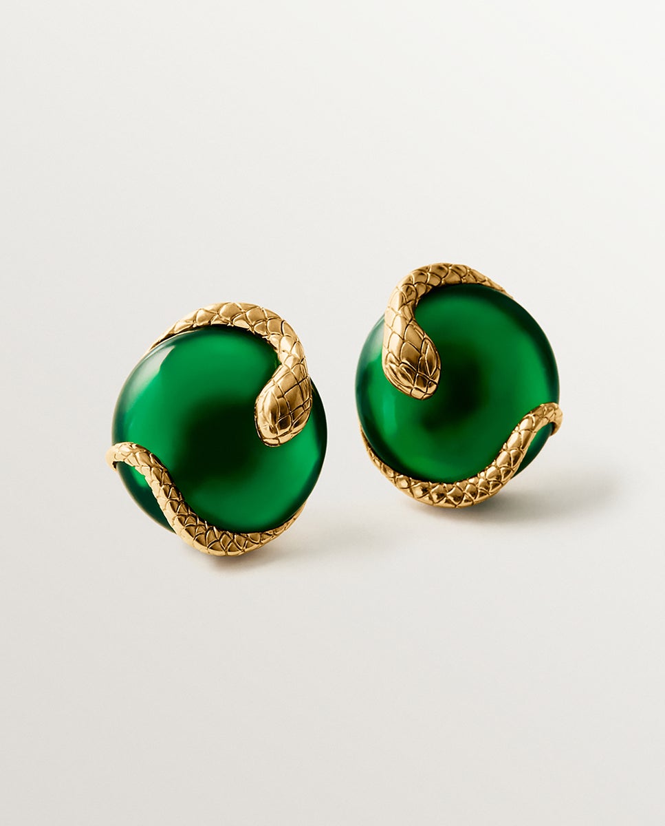 Brincos de Botão de Prata 925 Banhada a Ouro Amarelo de 18k com Ônix Verde Verde-3