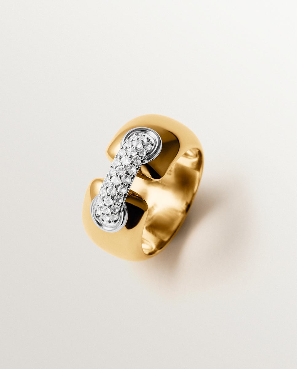Anel de Prata 925 Banhada a Ródio e Ouro Amarelo de 18k com Pavé de Topázios Brancos Branco-1