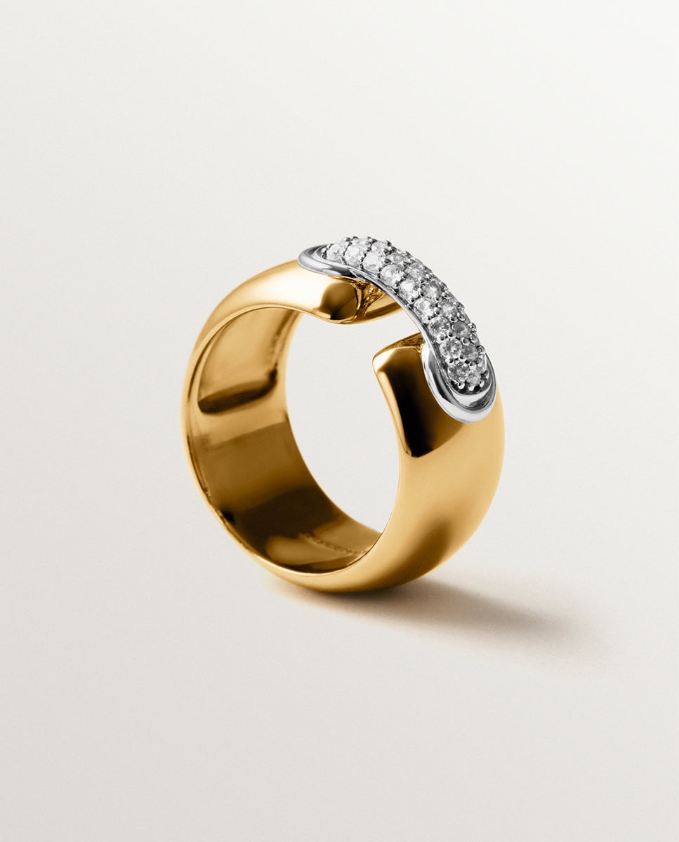 Anel de Prata 925 Banhada a Ródio e Ouro Amarelo de 18k com Pavé de Topázios Brancos Branco-5