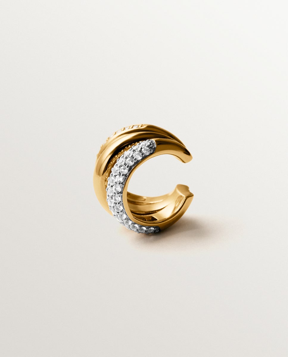 Pendiente Earcuff Individual de Prata 925 Banhada em Ródio e Ouro Amarelo de 18k com Pavé de Topázios Branco-3