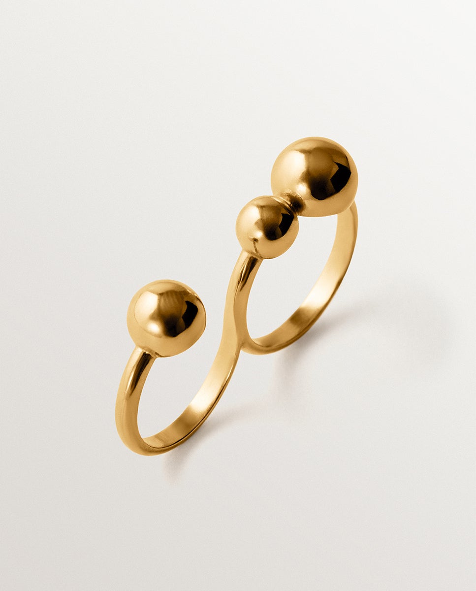 Anel Duplo de Prata 925 Banhada em Ouro Amarelo de 18k com Motivo de Esferas Ouro-1