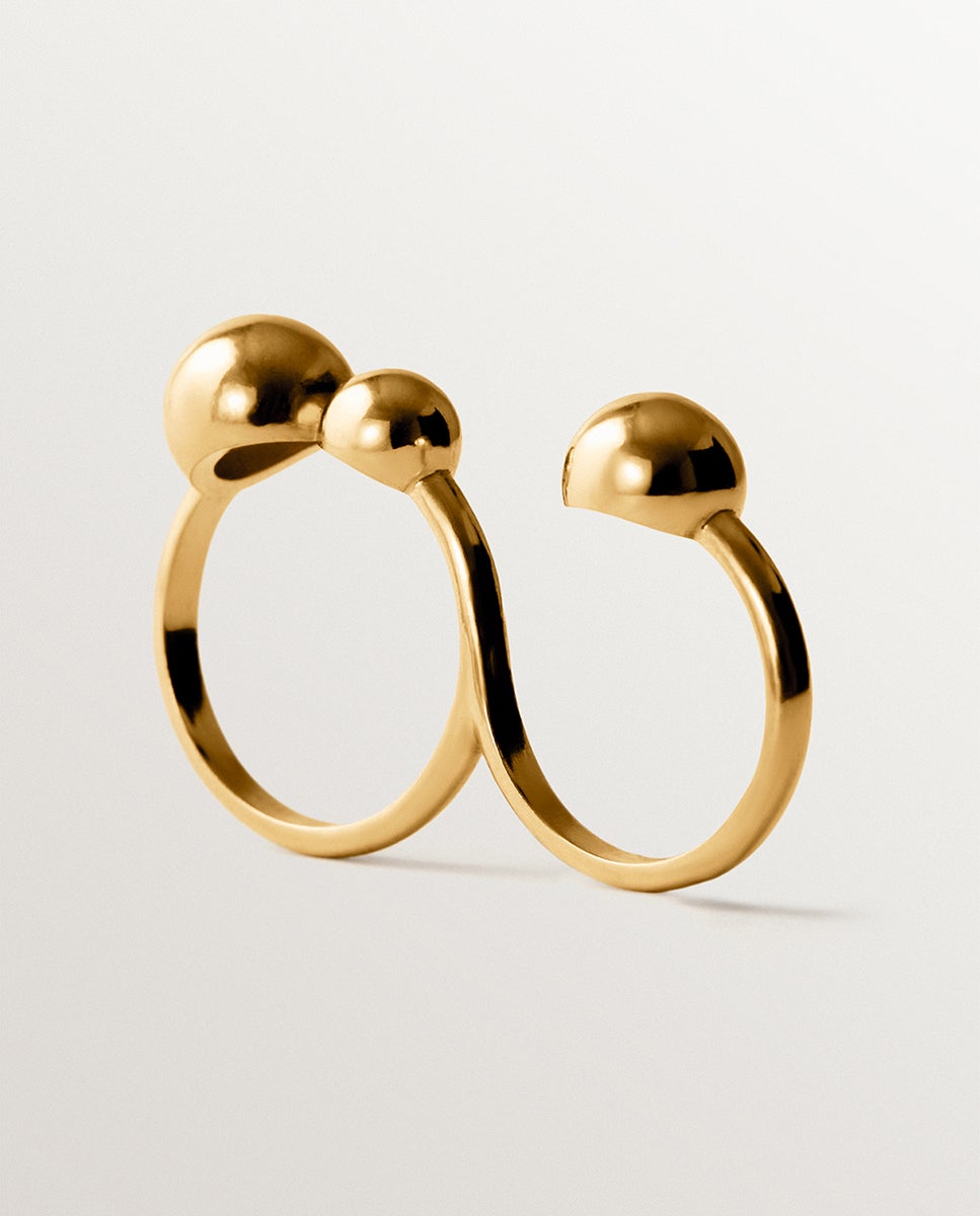 Anel Duplo de Prata 925 Banhada em Ouro Amarelo de 18k com Motivo de Esferas Ouro-3