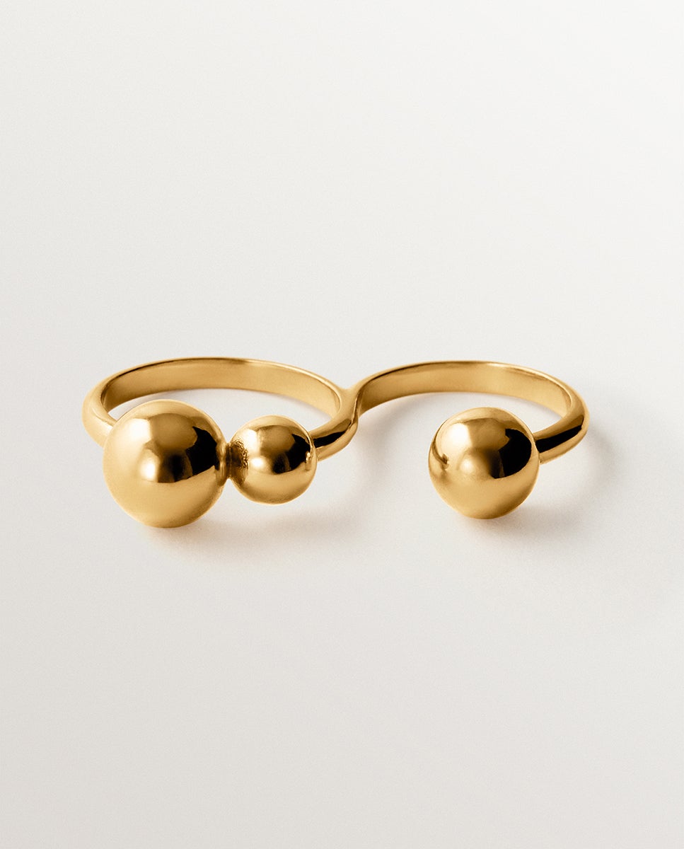 Anel Duplo de Prata 925 Banhada em Ouro Amarelo de 18k com Motivo de Esferas Ouro-5