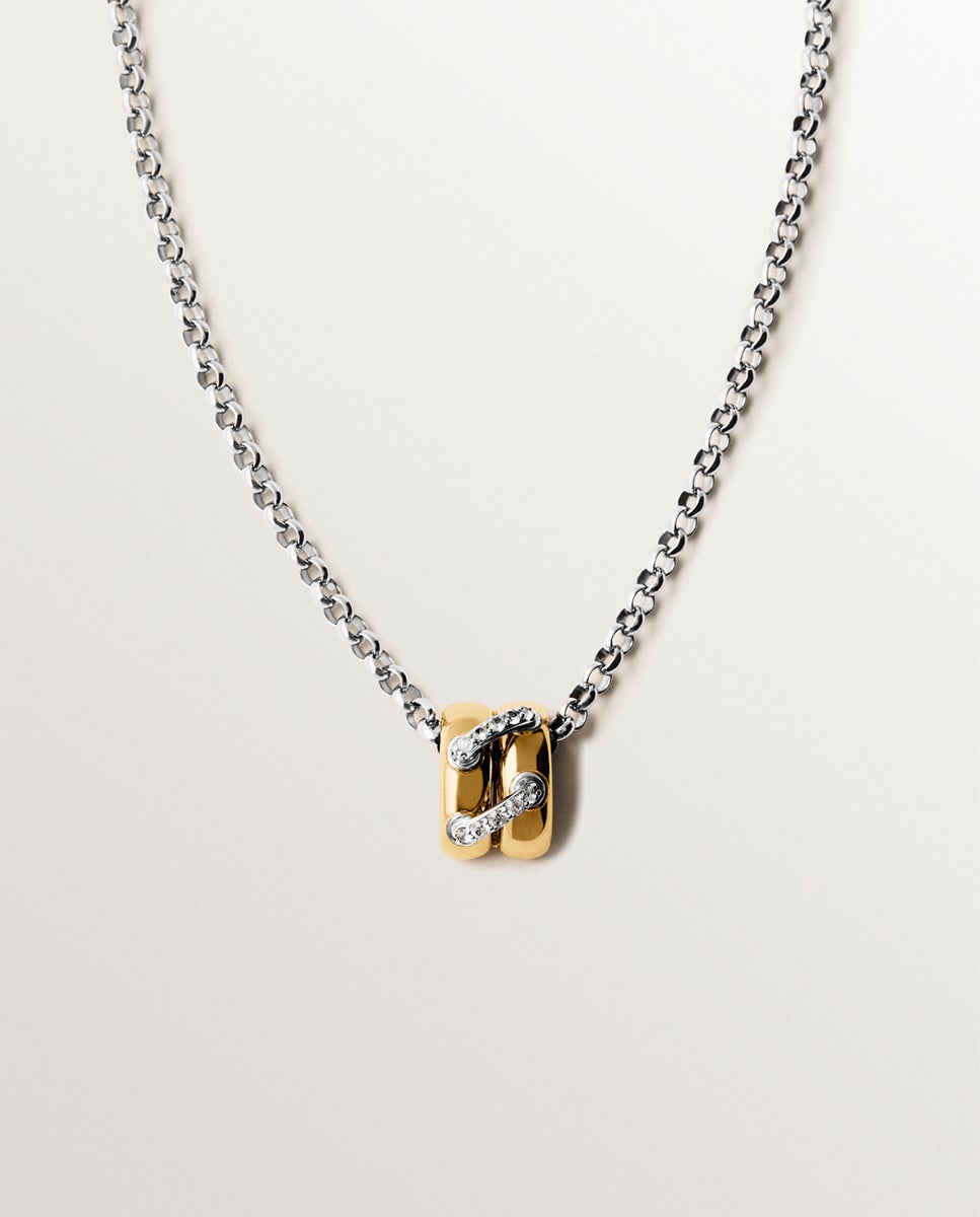 Pendente Entrançado de Prata 925 com Banho em Ródio e Ouro Amarelo de 18k com Pavé de Topázios Brancos Branco-1