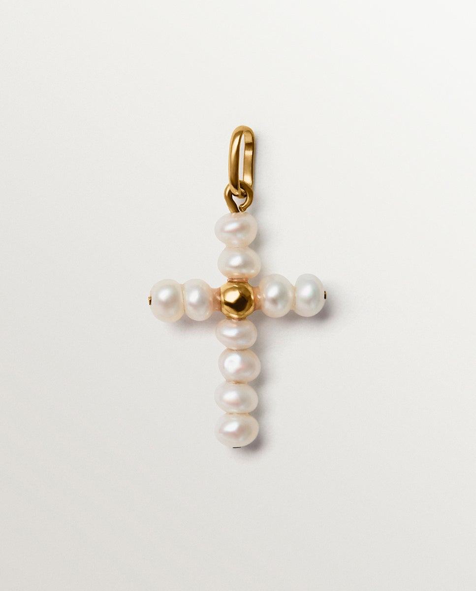 Charm de Prata 925 Banhada em Ouro Amarelo de 18k com Pérolas e Forma de Cruz Branco-1