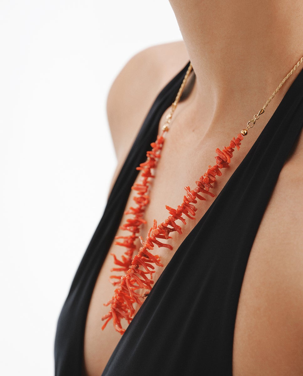 Colar de Prata 925 Banhada em Ouro de 18k com Coral Natural Vermelho-2