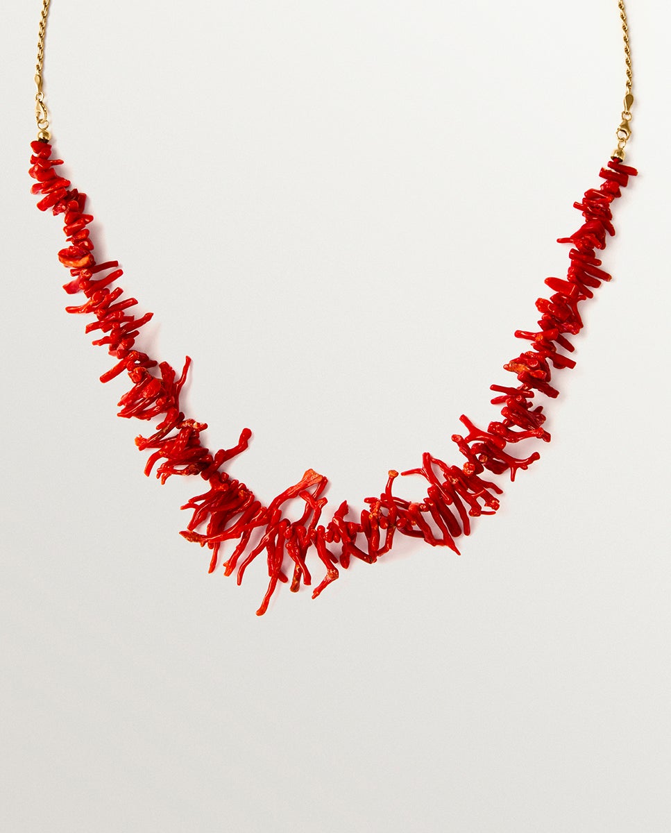 Colar de Prata 925 Banhada em Ouro de 18k com Coral Natural Vermelho-3