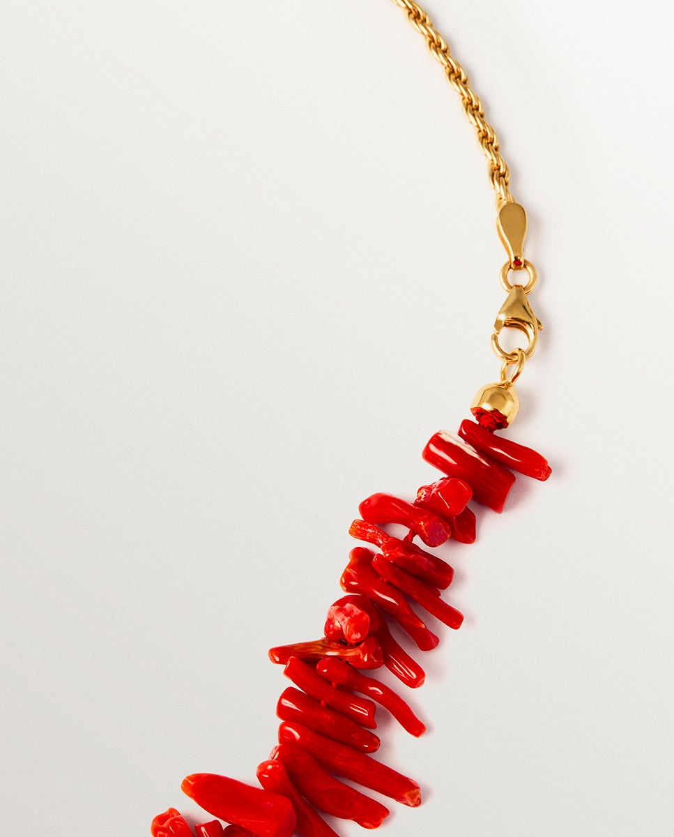 Colar de Prata 925 Banhada em Ouro de 18k com Coral Natural Vermelho-5