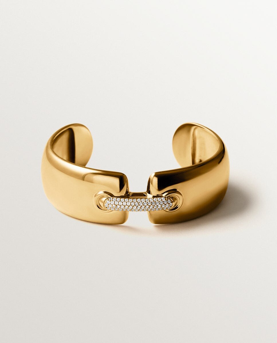 Pulseira Rígida de Prata 925 Banhada em Ouro Amarelo de 18k com Pavé de Topázios Brancos Ouro-1