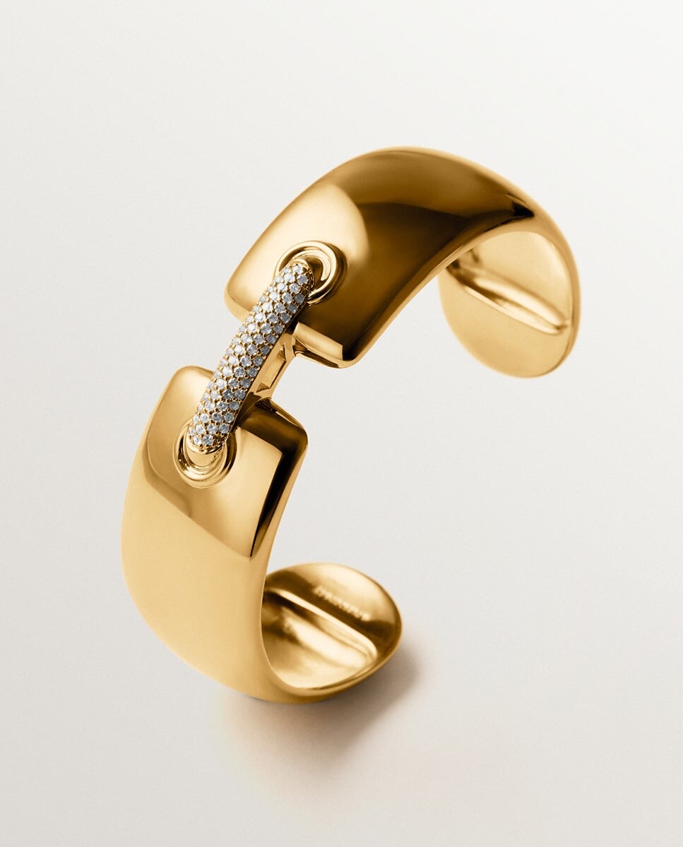 Pulseira Rígida de Prata 925 Banhada em Ouro Amarelo de 18k com Pavé de Topázios Brancos Ouro-3