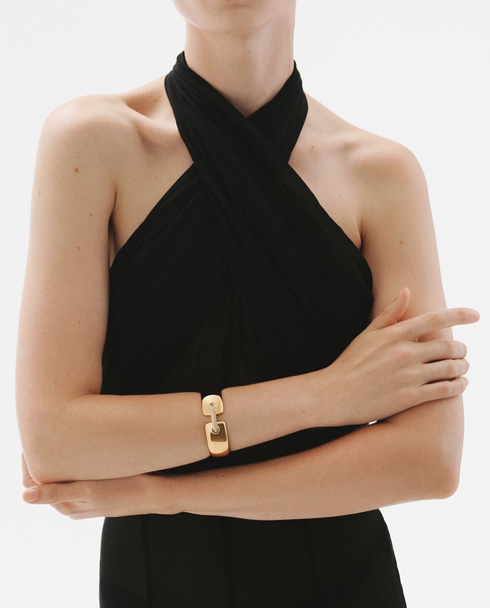 Pulseira Rígida de Prata 925 Banhada em Ouro Amarelo de 18k com Pavé de Topázios Brancos Ouro-4