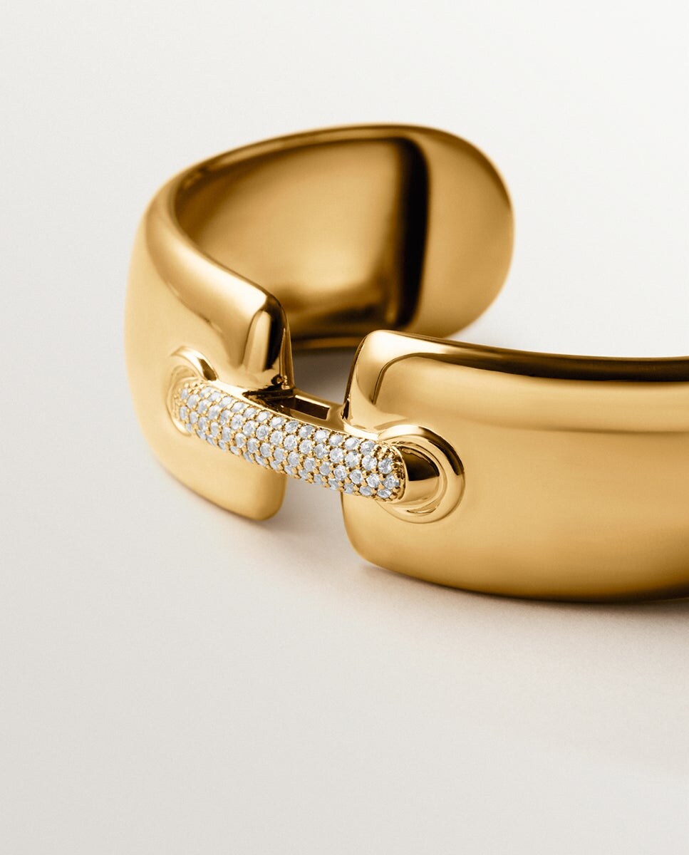 Pulseira Rígida de Prata 925 Banhada em Ouro Amarelo de 18k com Pavé de Topázios Brancos Ouro-5