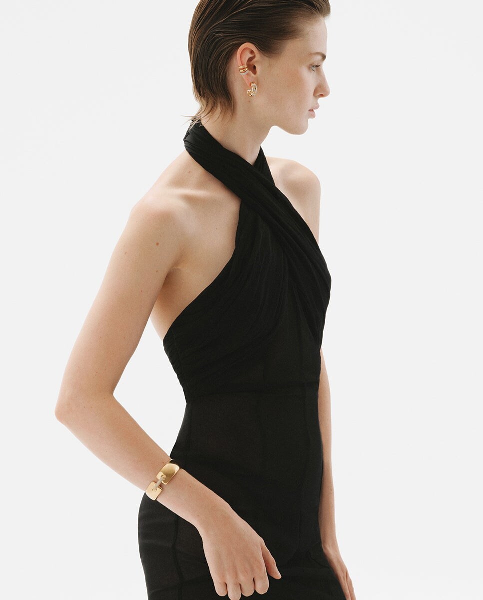 Pulseira Rígida de Prata 925 Banhada em Ouro Amarelo de 18k com Pavé de Topázios Brancos Ouro-6