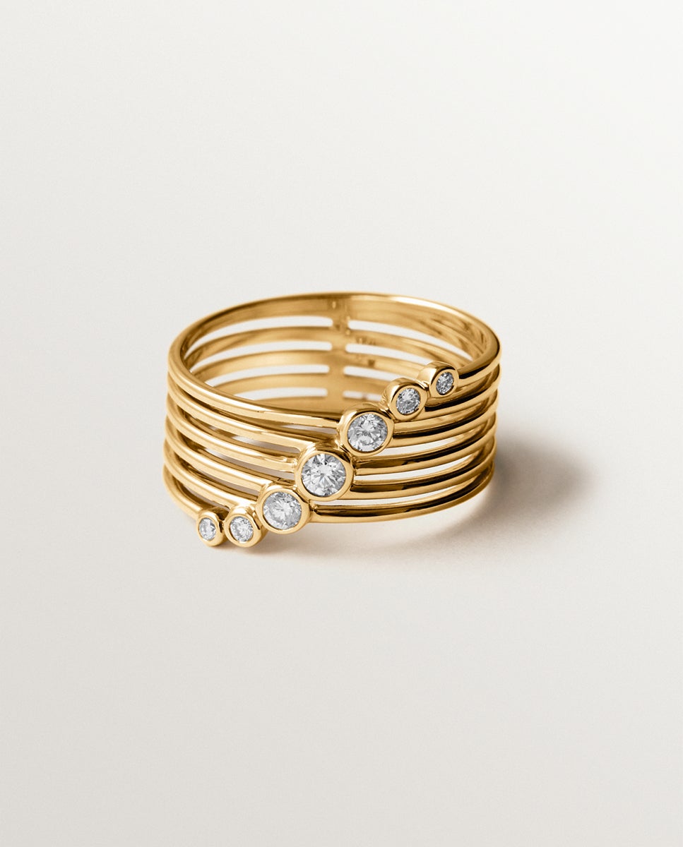 Anel Multibraço de Ouro Branco e Amarelo de 9k com Diamantes em Corte Brilhante Ouro-3