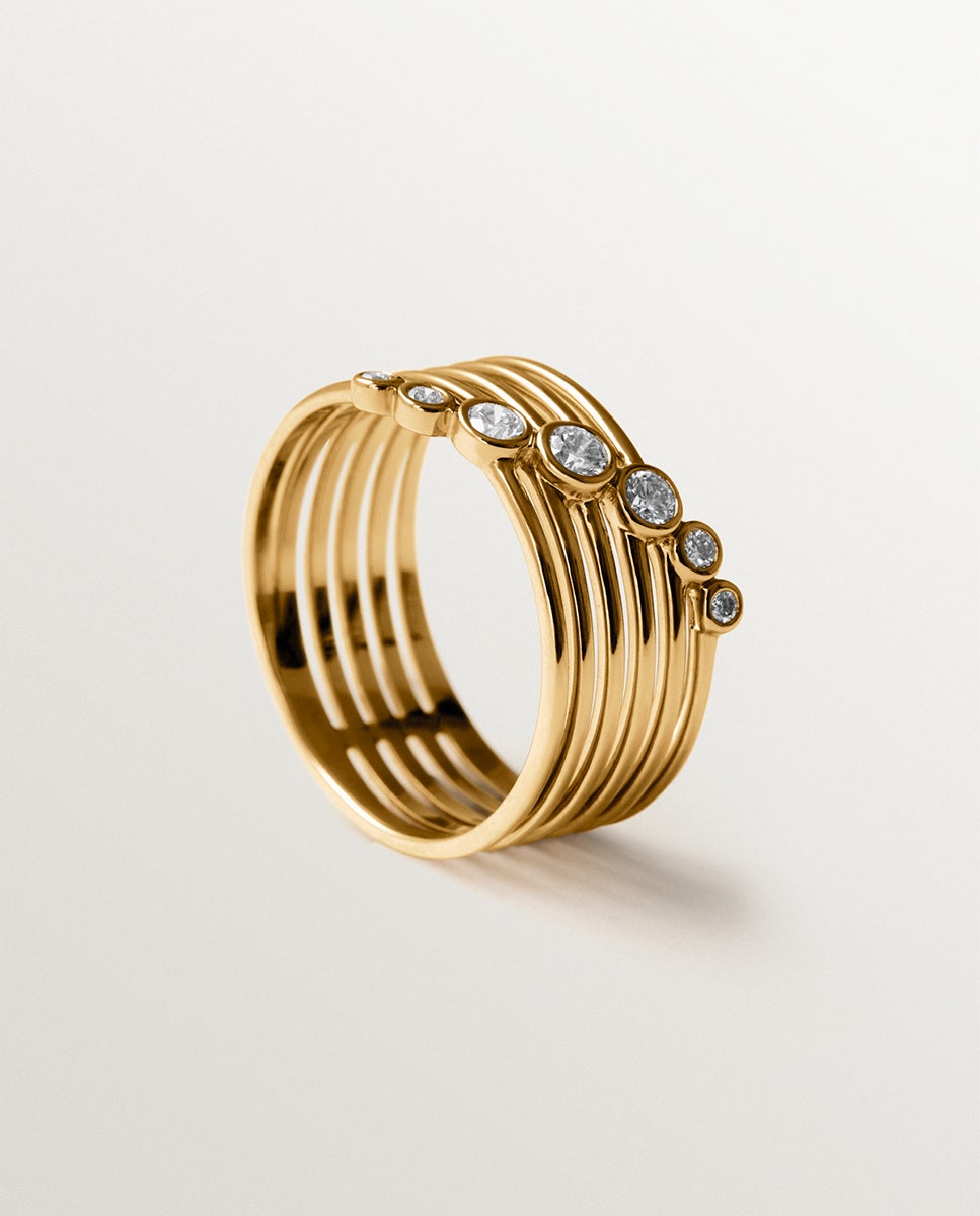 Anel Multibraço de Ouro Branco e Amarelo de 9k com Diamantes em Corte Brilhante Ouro-5