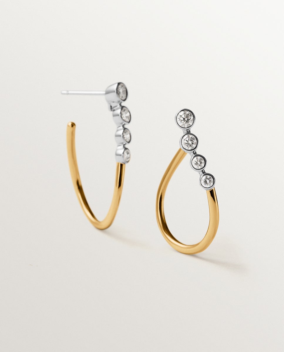 Brincos de Argola Ondulados de Ouro Branco e Amarelo de 9k e Diamantes Ouro / Prata-1