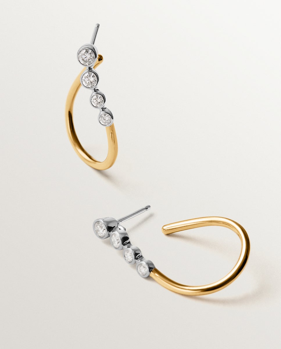 Brincos de Argola Ondulados de Ouro Branco e Amarelo de 9k e Diamantes Ouro / Prata-3