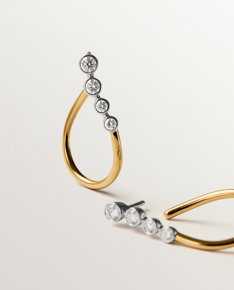 Brincos de Argola Ondulados de Ouro Branco e Amarelo de 9k e Diamantes Ouro / Prata-5