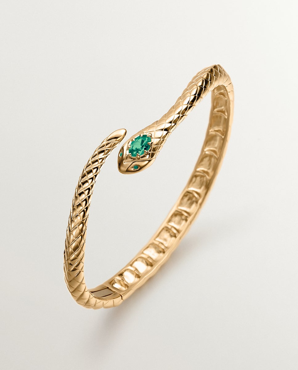 Pulseira Rígida de Prata 925 Banhada em Ouro Amarelo de 18k com Ônix Verde e com Forma de Serpente Verde-3