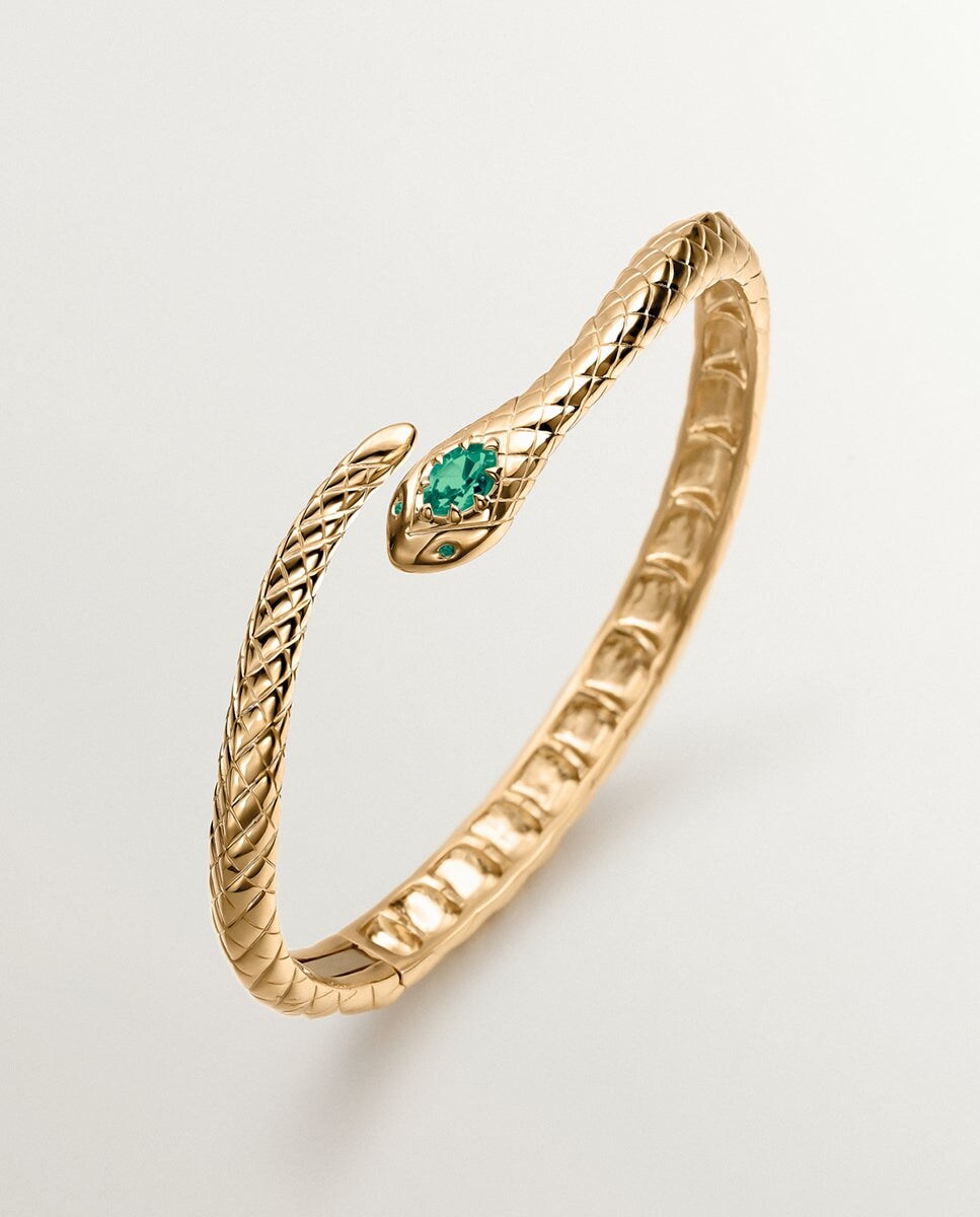 Pulseira Rígida de Prata 925 Banhada em Ouro Amarelo de 18k com Onix Verde e com Forma de Serpente Verde-3
