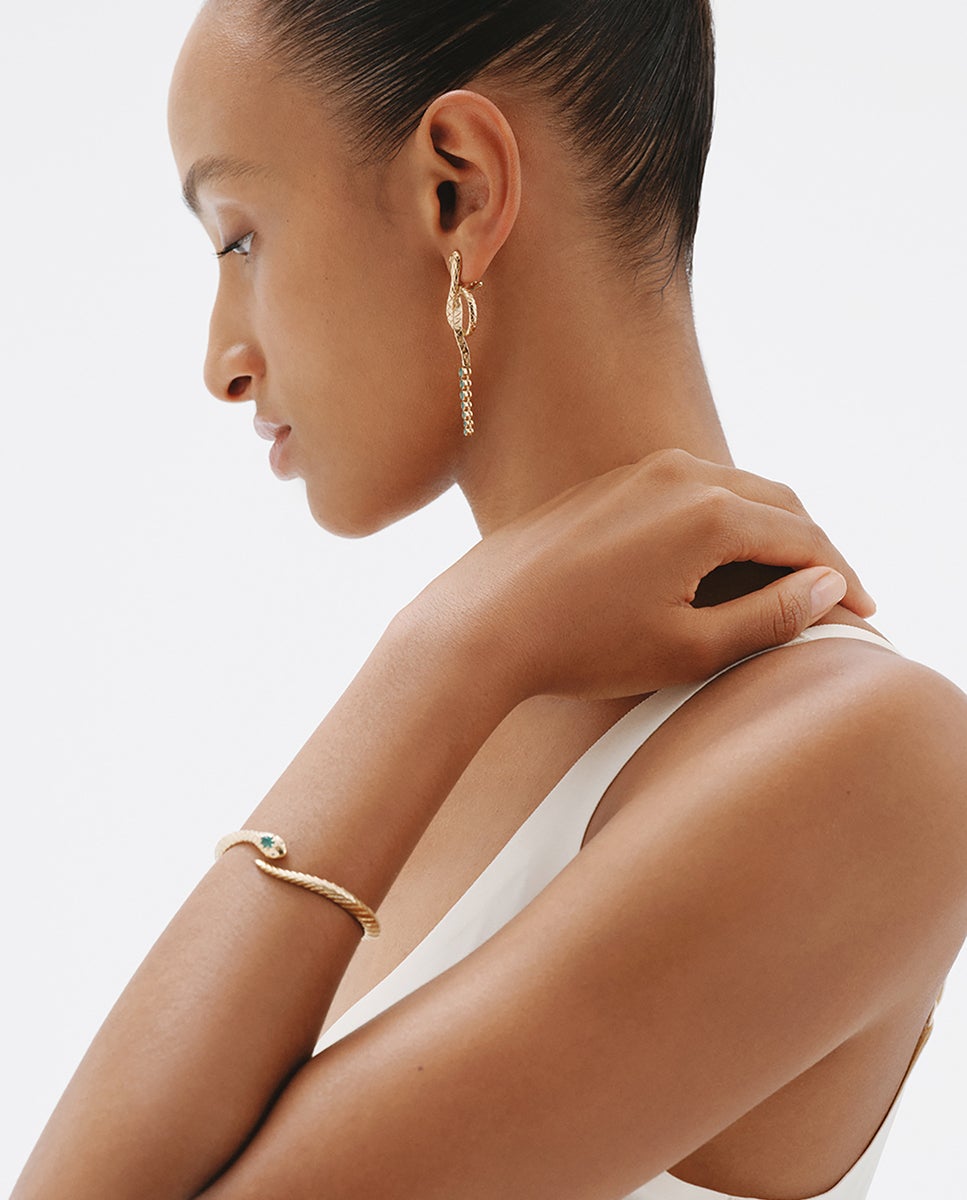 Pulseira Rígida de Prata 925 Banhada em Ouro Amarelo de 18k com Ônix Verde e com Forma de Serpente Verde-6