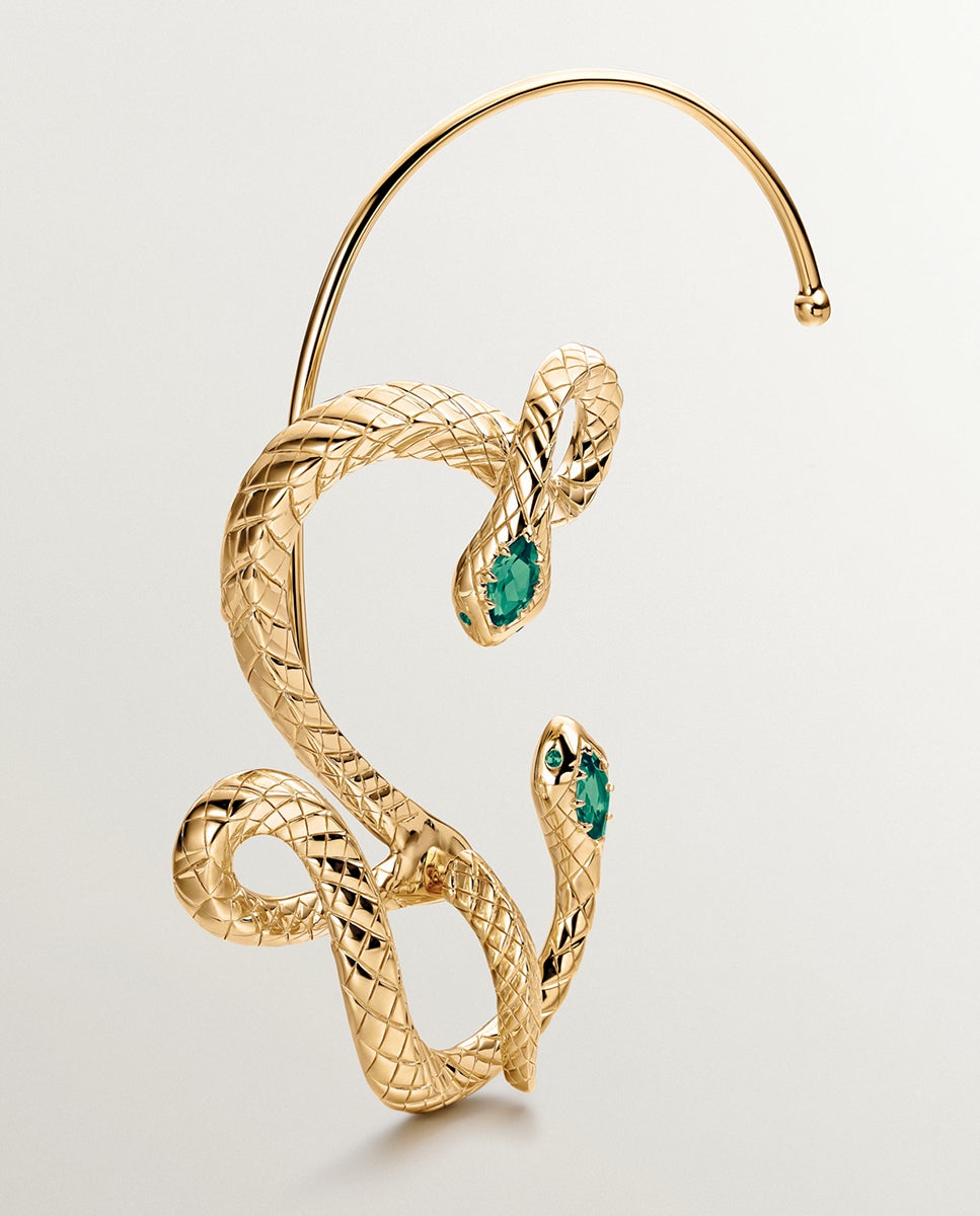 Brinco Individual de Prata 925 Banhada em Ouro Amarelo de 18k com Ônix Verde em Forma de Serpente Verde-1