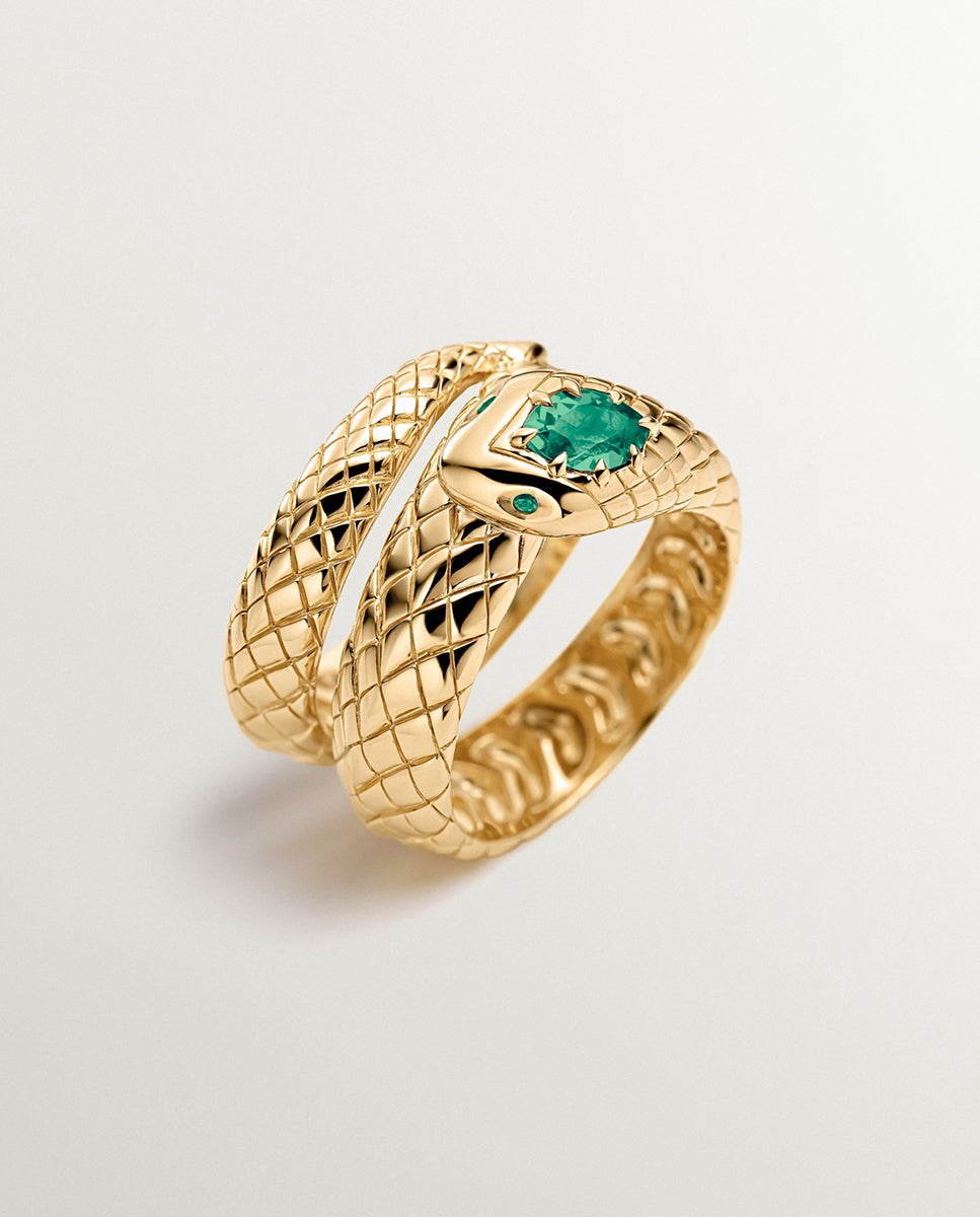Anel de Prata 925 Banhada em Ouro Amarelo de 18k com Ônix Verde e com Forma de Serpente Verde-1