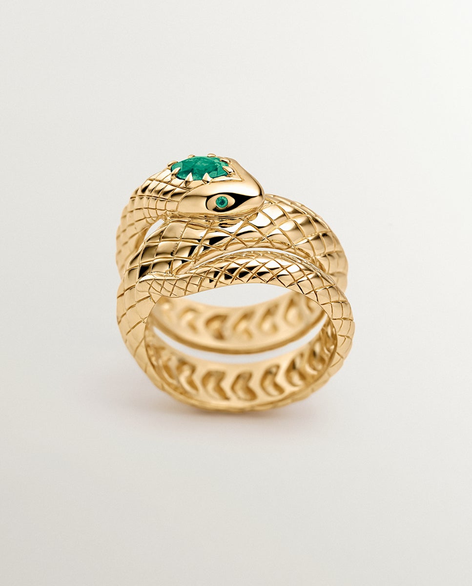 Anel de Prata 925 Banhada em Ouro Amarelo de 18k com Ônix Verde e com Forma de Serpente Verde-3