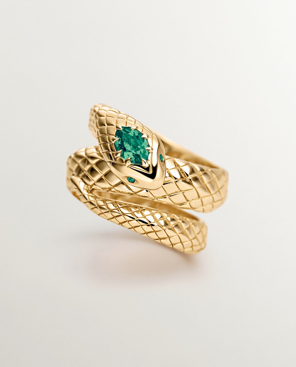 Anel de Prata 925 Banhada em Ouro Amarelo de 18k com Ônix Verde e com Forma de Serpente Verde-5