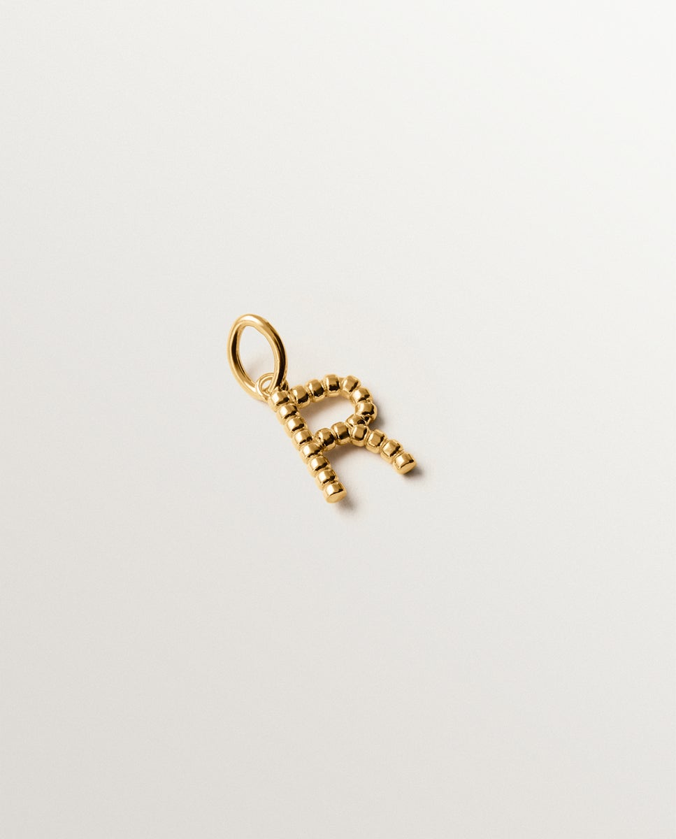 Charm de Prata 925 Banhada em Ouro Amarelo de 18k com Letra R e Motivos de Esferas Ouro-1