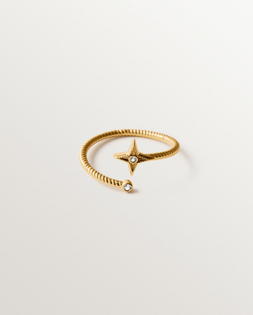 Anel com Pedras de Prata 925 Banhada em Ouro Amarelo de 18k com Estrela e Topázios Brancos Ouro-3