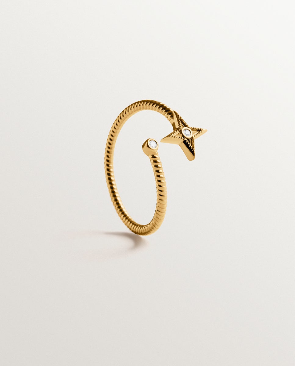 Anel com Pedras de Prata 925 Banhada em Ouro Amarelo de 18k com Estrela e Topázios Brancos Ouro-5