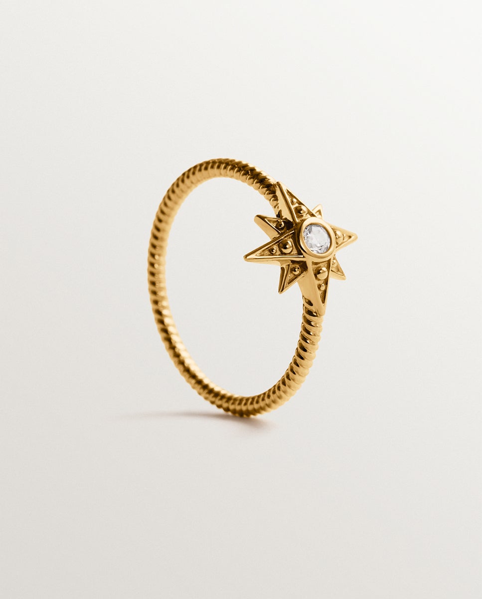 Anel com Pedras de Prata 925 Banhada em Ouro de 18k com Estrela e Topázio Branco em Textura Gallonada Ouro-5
