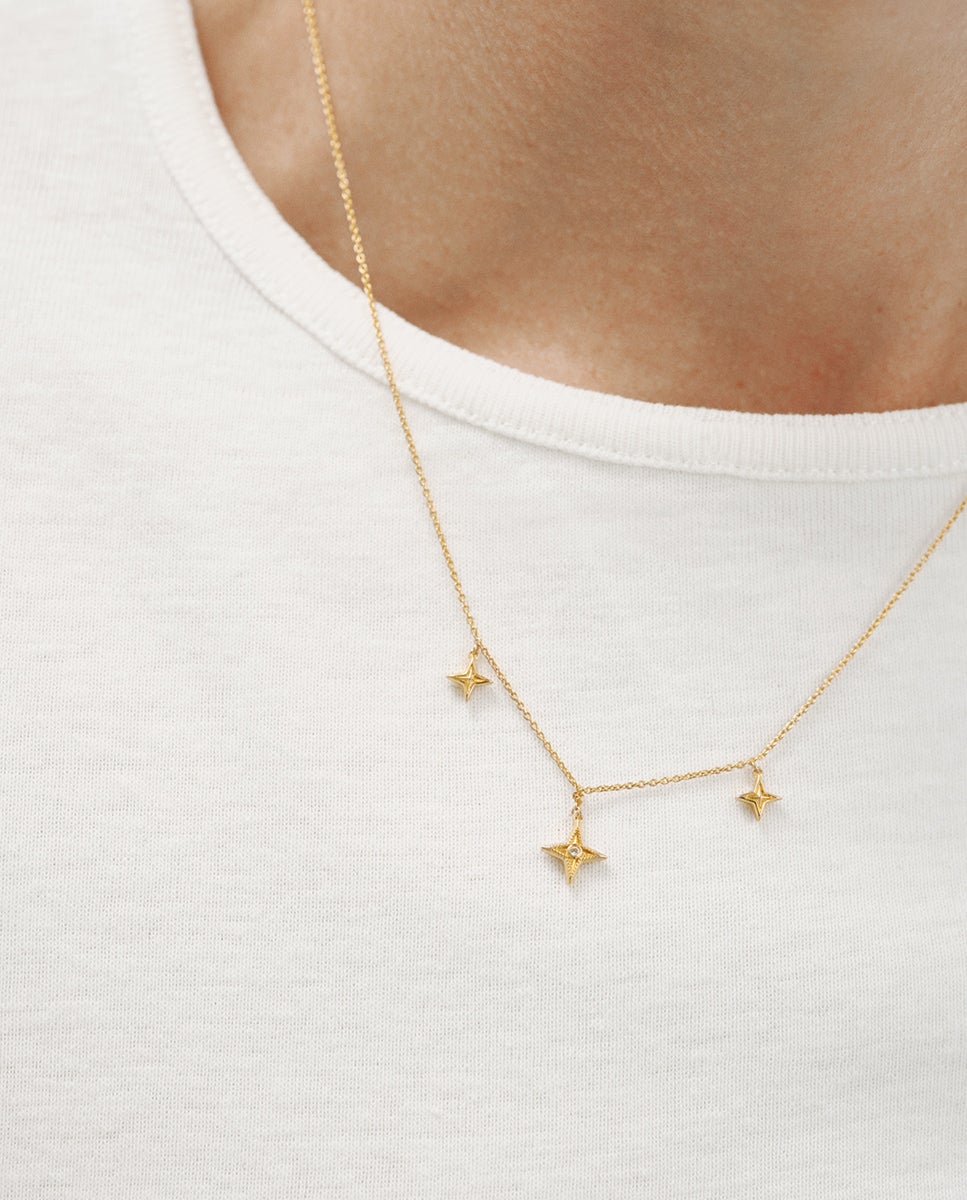 Colar de Prata 925 Banhada em Ouro Amarelo de 18k com Topázio Branco e Estrelas Ouro-2