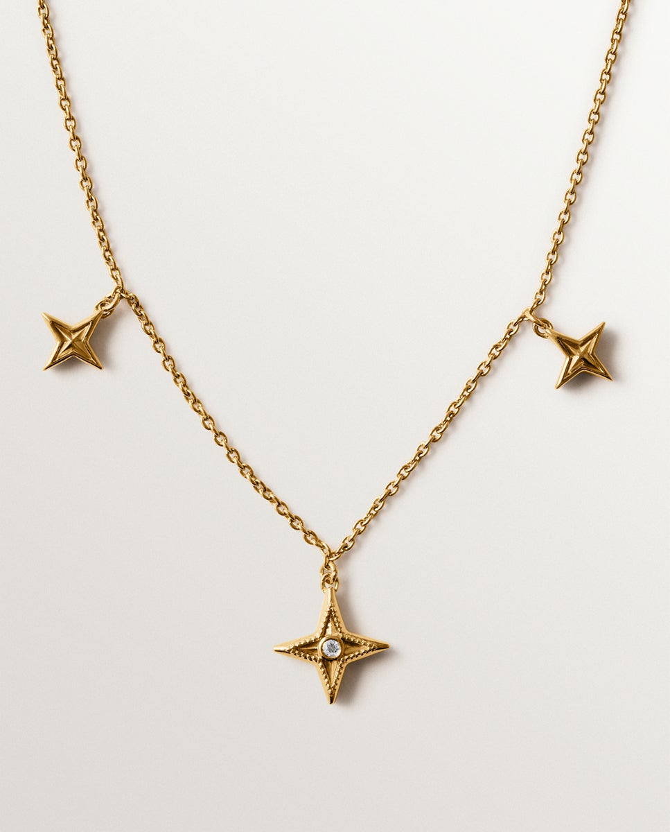 Colar de Prata 925 Banhada em Ouro Amarelo de 18k com Topázio Branco e Estrelas Ouro-3