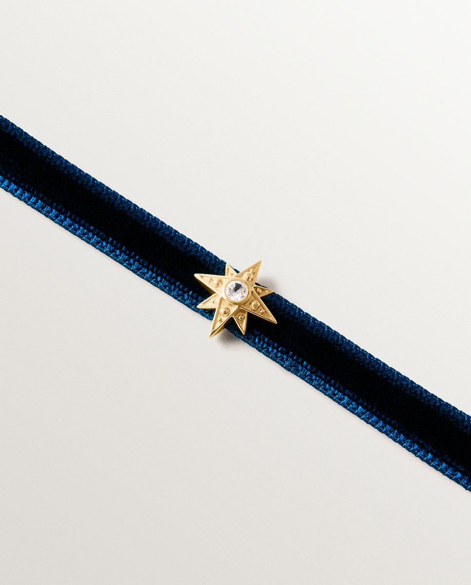 Pulseira de Veludo com Charm Estrela de Prata 925 Banhada em Ouro Amarelo de 18k com Topázio Branco Azul-3