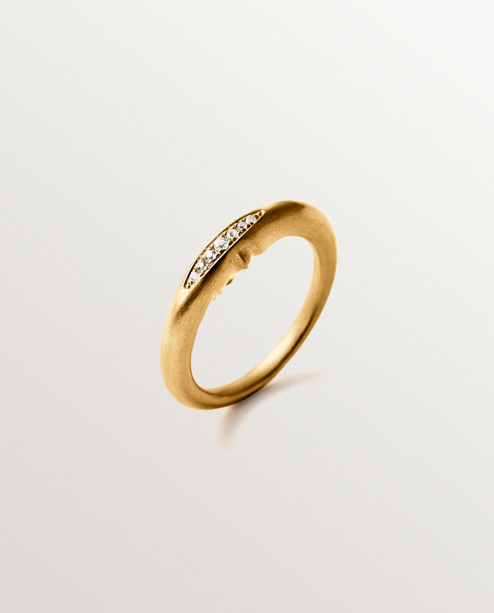 Anel com Pedras de Prata 925 Banhado em Ouro de 18k com Topázios Brancos e Forma de Lua Ouro-1