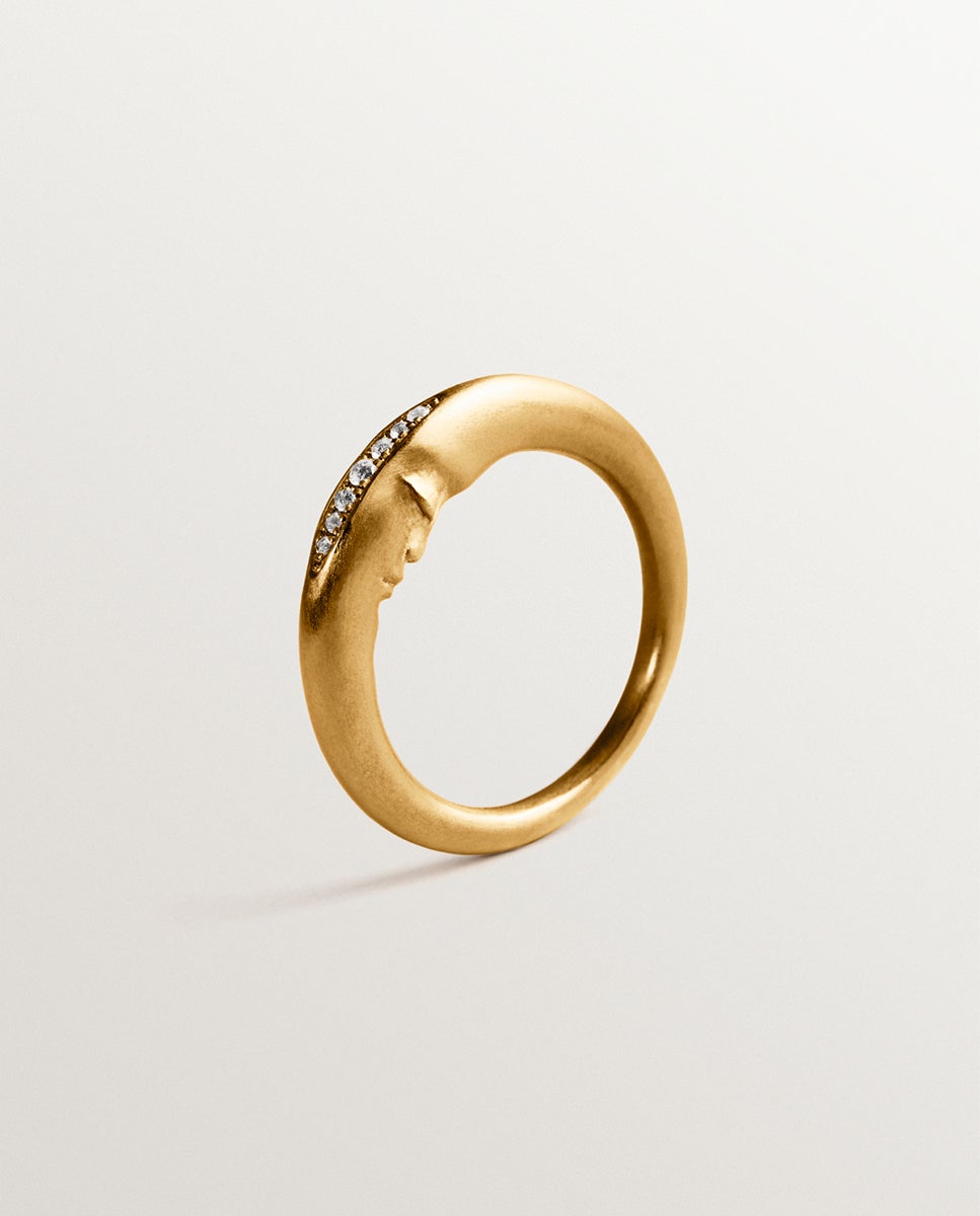 Anel com Pedras de Prata 925 Banhado em Ouro de 18k com Topázios Brancos e Forma de Lua Ouro-5
