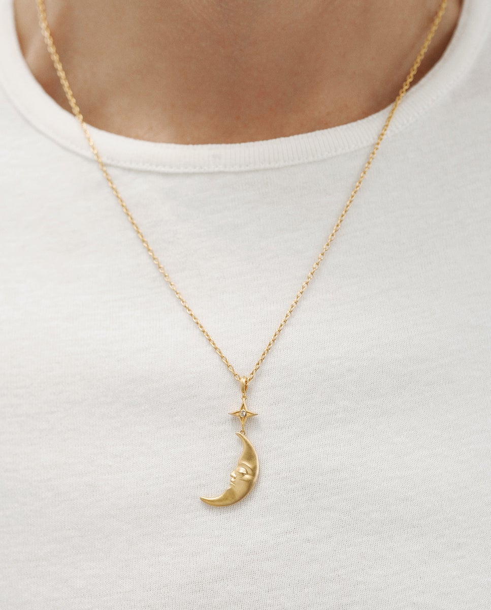 Corrente com Pendentes de Prata 925 Banhada em Ouro Amarelo de 18k com Lua e Topázio Branco Ouro-2