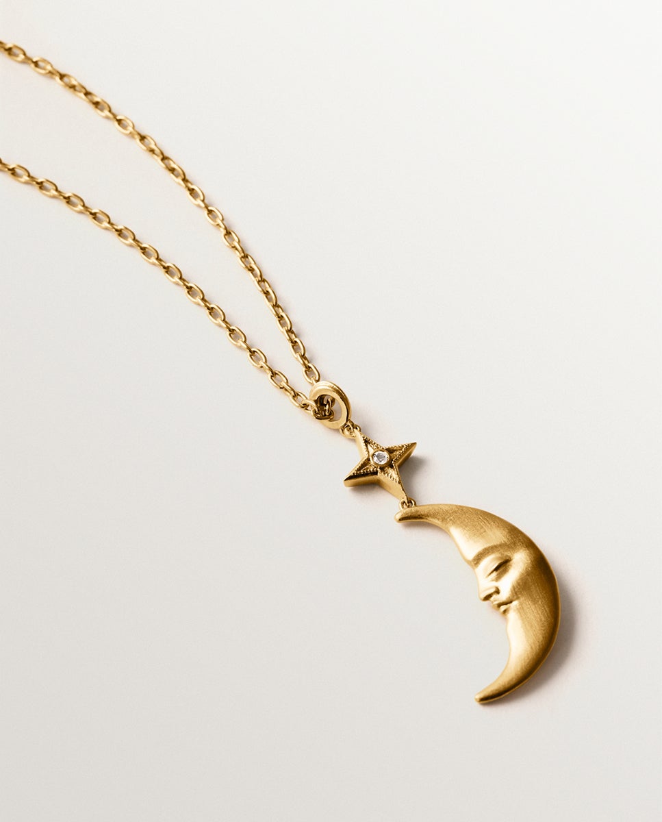 Corrente com Pendentes de Prata 925 Banhada em Ouro Amarelo de 18k com Lua e Topázio Branco Ouro-3