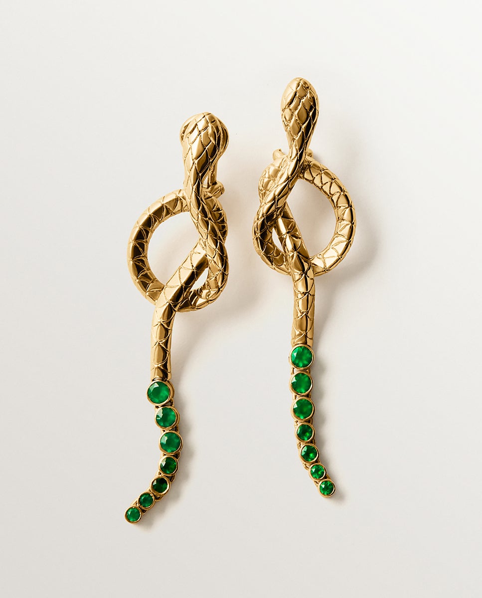 Brincos Compridos de Prata 925 Banhada a Ouro Amarelo de 18k com Ônix Verde e com Forma de Serpente Verde-1