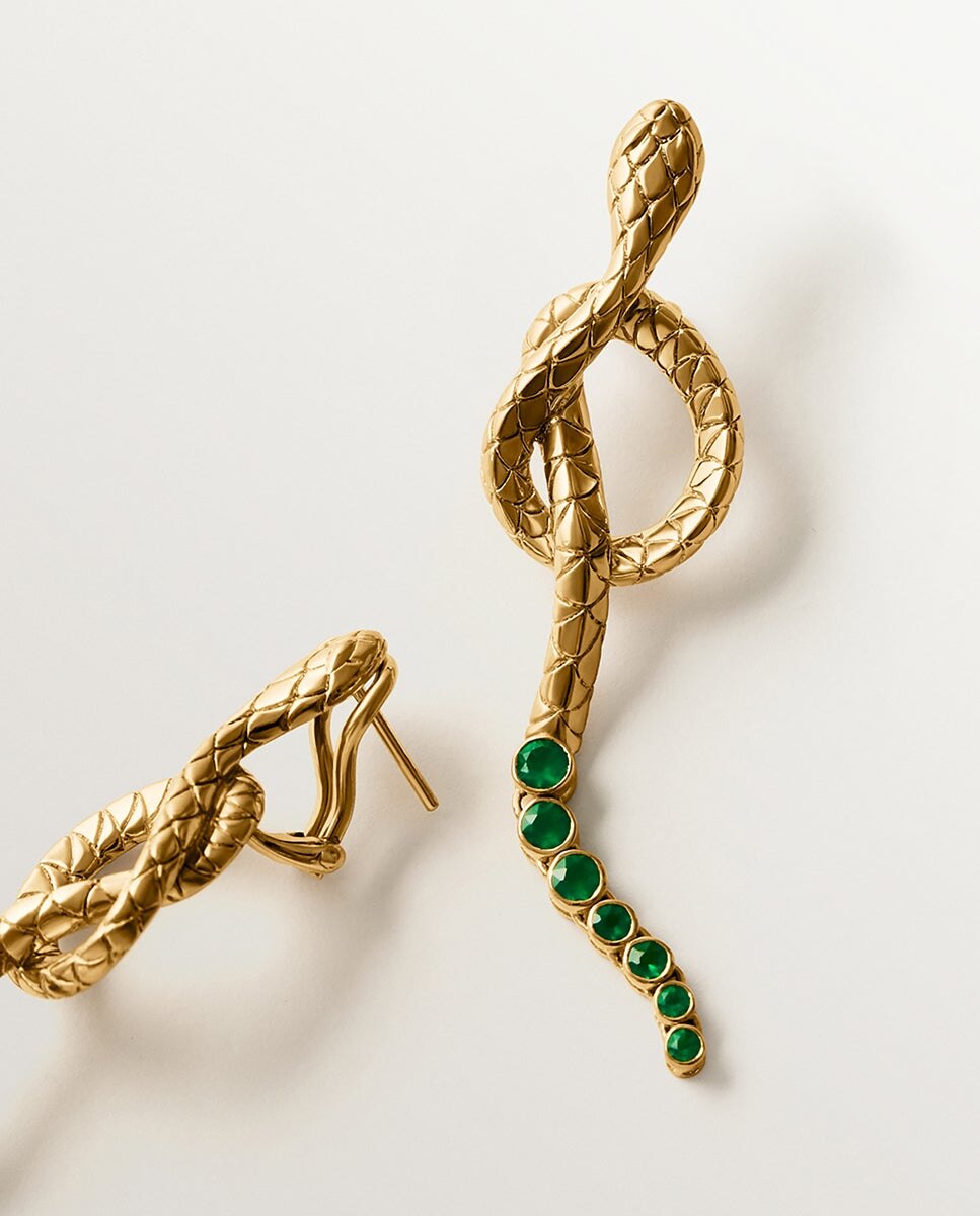Brincos Compridos de Prata 925 Banhada a Ouro Amarelo de 18k com Ônix Verde e com Forma de Serpente Verde-5